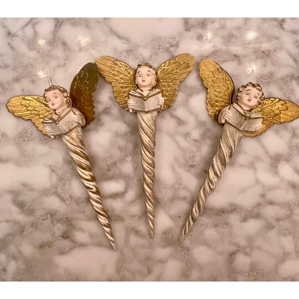 Set of 3 Vintage Angel Choir Icicle Ornaments – Gold Wings – Hand-Painted – 7”